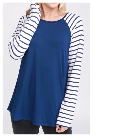 Blue Raglan Long Sleeve Striped Top | Casual Soft Fall Shirt - Picture 6 of 8